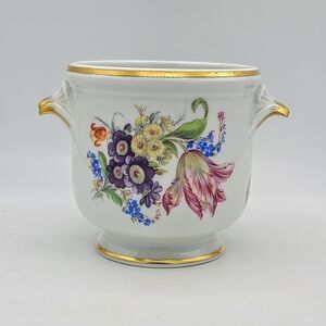 Limoges France Floral Porcelain Cachepot Planter Jardiniere Gold Trim Midcentury
